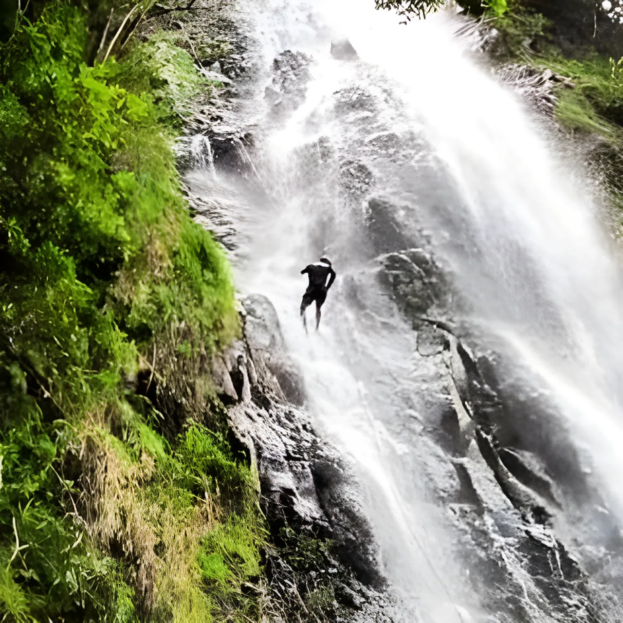 A canyoneer rappelling down the middle of a tall jungle waterfall