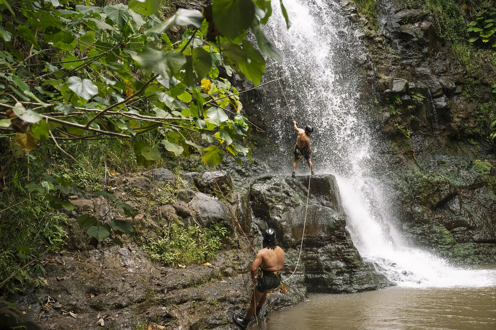 A guest rappelling the falls with a guide belaying from the pool